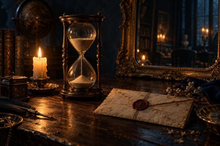 An antique hourglass beside an unopened letter in candlelight, illustrating analysis paralysis in trading