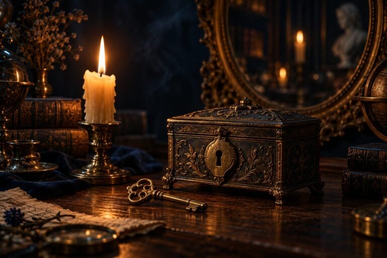An antique brass key beside a locked box in candlelight, illustrating impostor syndrome in trading