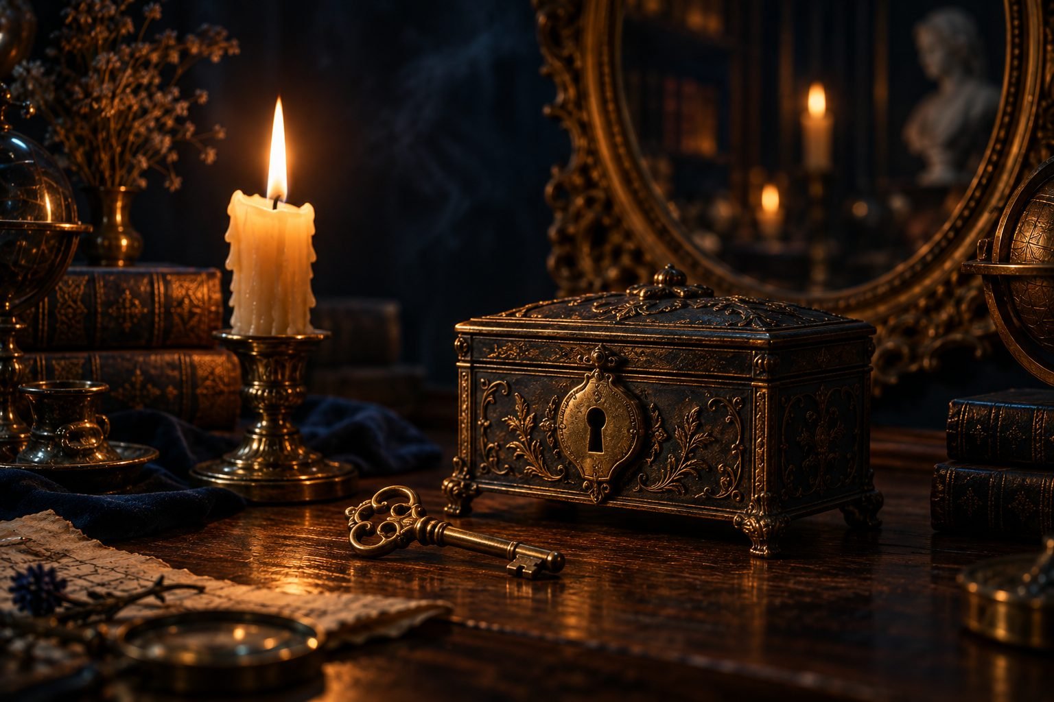 An antique brass key beside a locked box in candlelight, illustrating impostor syndrome in trading