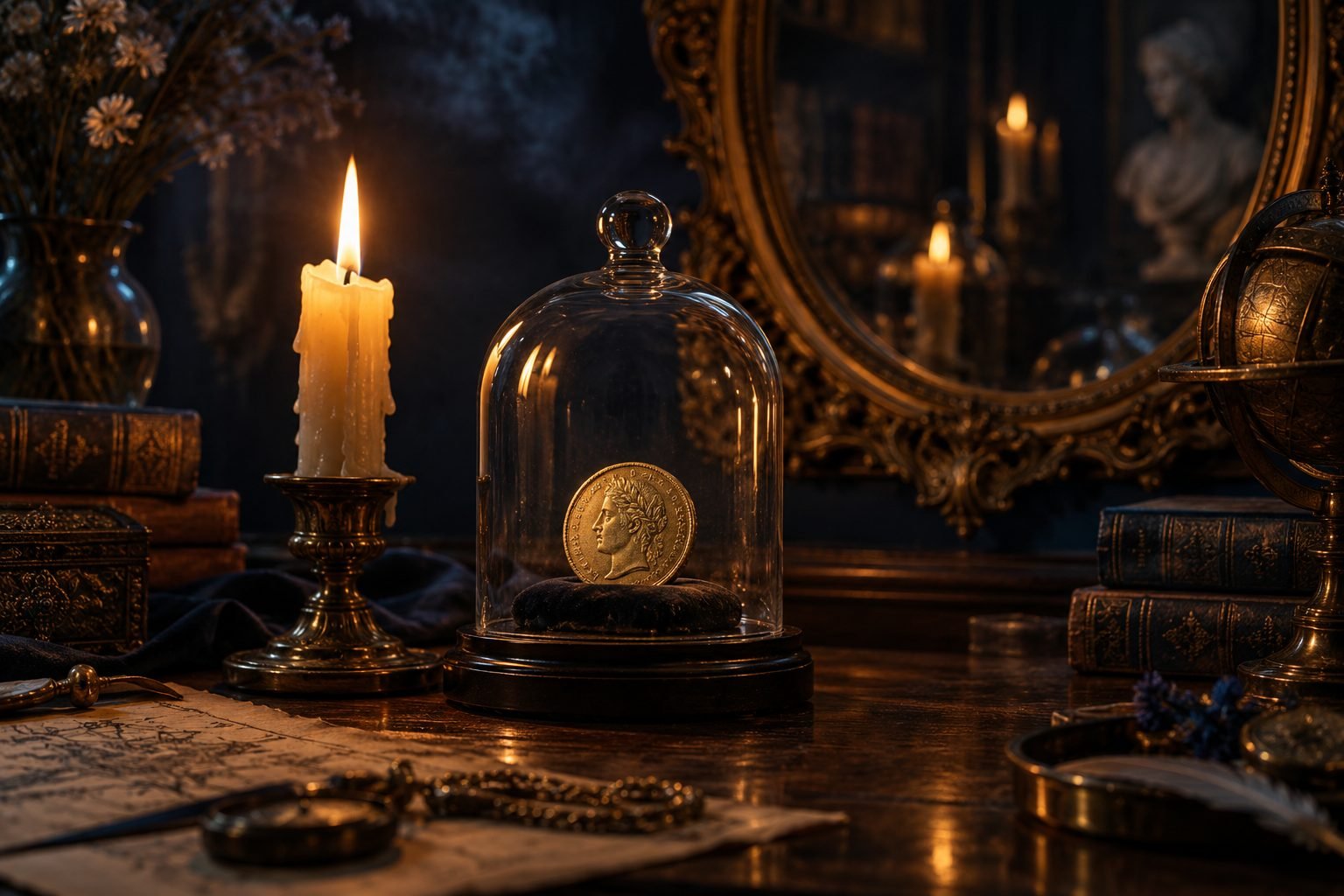 A single coin under glass beside a candle, illustrating scarcity mindset in trading