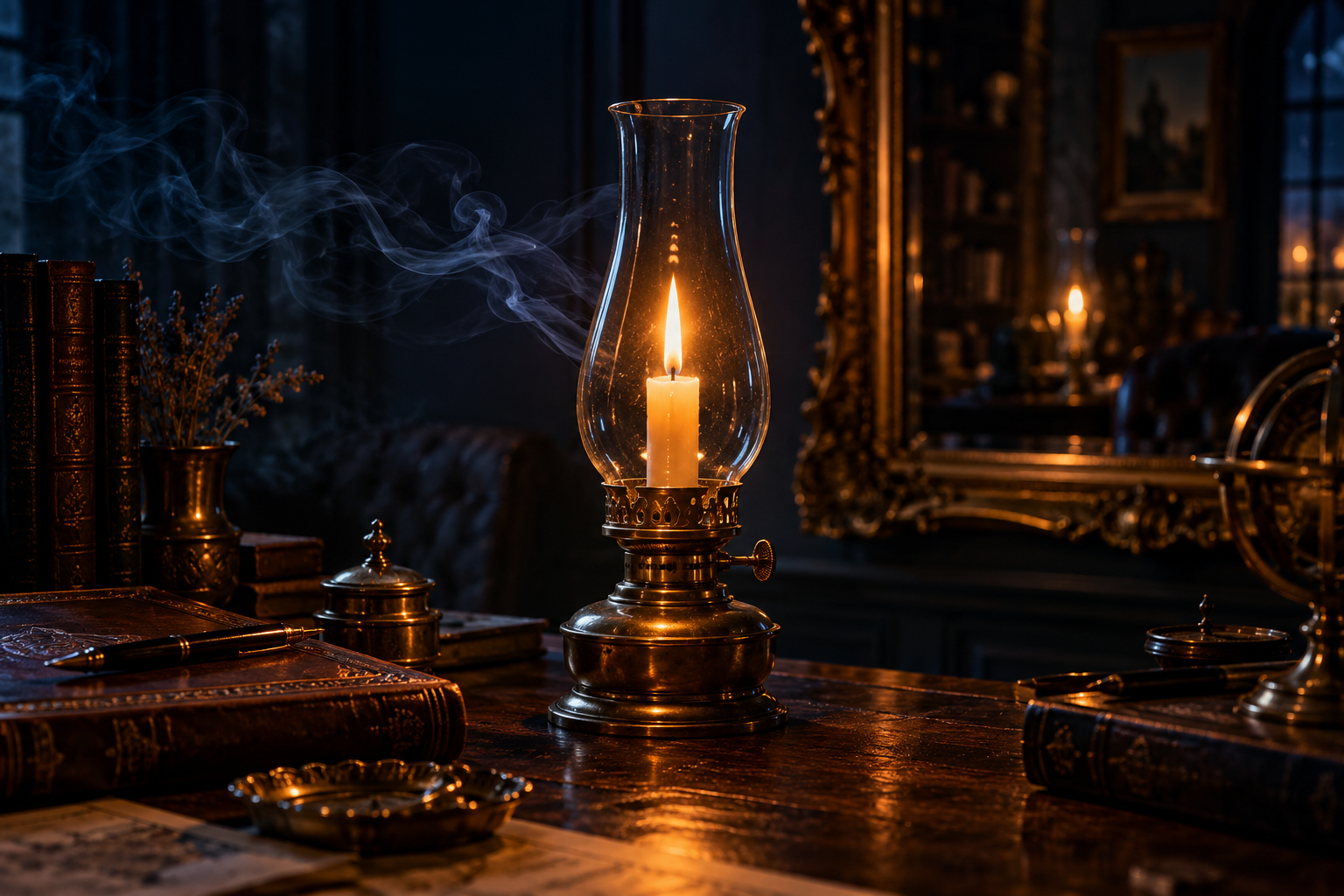 Antique brass hurricane lamp with a steady flame by candlelight, a gold-framed mirror behind — trading decisions under market stress