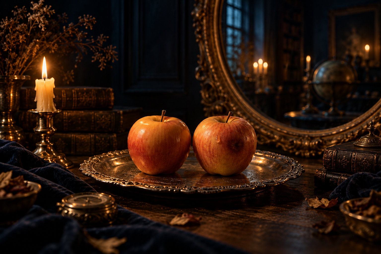 A wax apple beside a real apple on a silver plate by candlelight, a gold-framed mirror behind — profitable on demo but not live