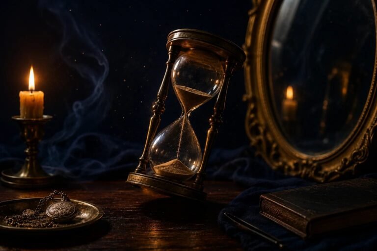 Emotional stages of trading shown as a candlelit mirror reflecting an antique hourglass
