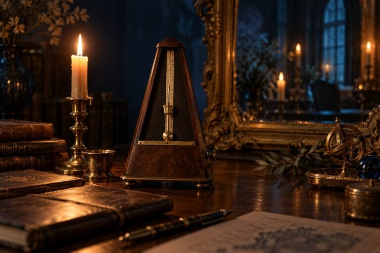 Antique brass metronome paused mid-swing by candlelight, a gold-framed mirror behind — meditation apps for traders