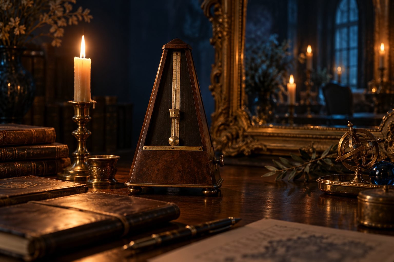 Antique brass metronome paused mid-swing by candlelight, a gold-framed mirror behind — meditation apps for traders