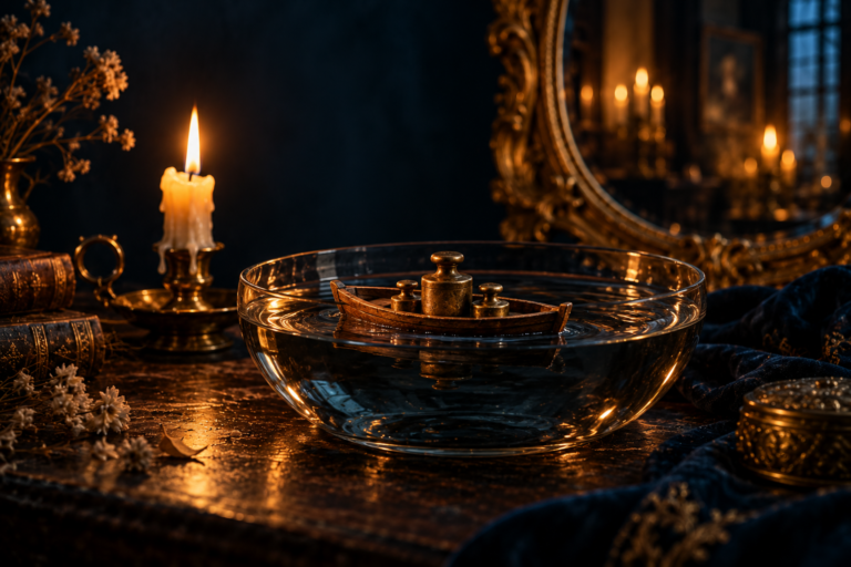A wooden toy boat weighed down with brass weights in a glass bowl by candlelight, a gold-framed mirror behind — averaging down a losing trade