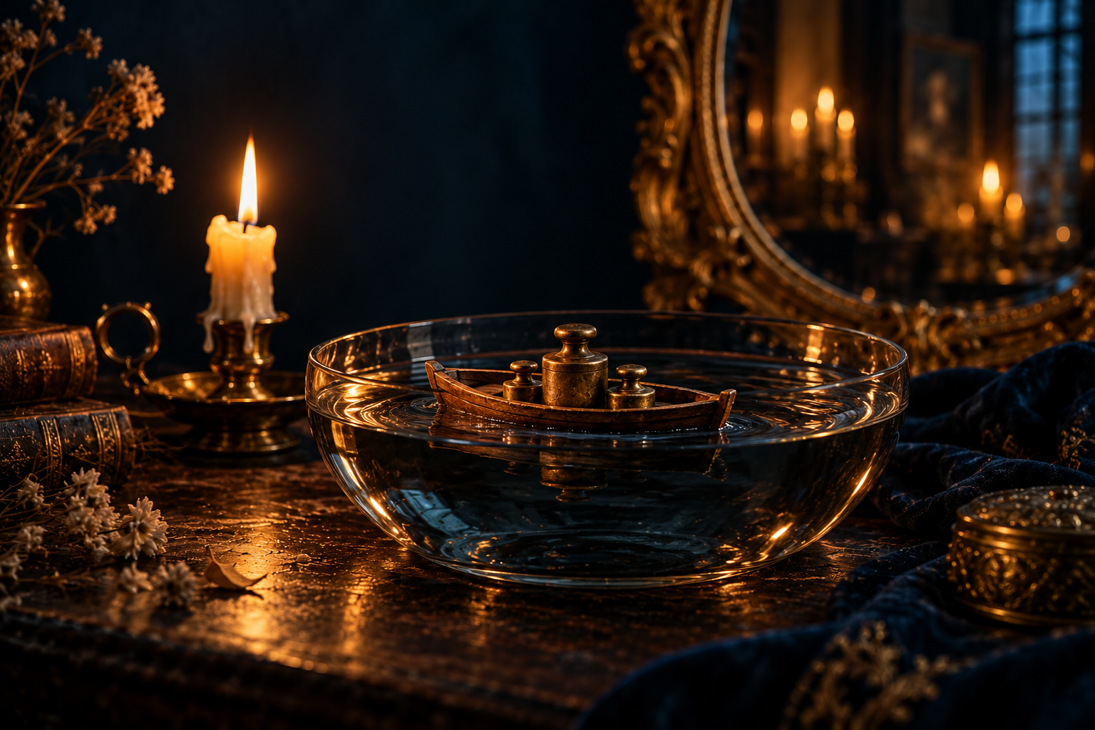 A wooden toy boat weighed down with brass weights in a glass bowl by candlelight, a gold-framed mirror behind — averaging down a losing trade