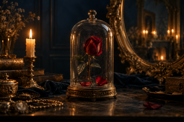 A half-opened red rose sealed under a glass cloche by candlelight, a gold-framed mirror behind — moving stop to breakeven too early