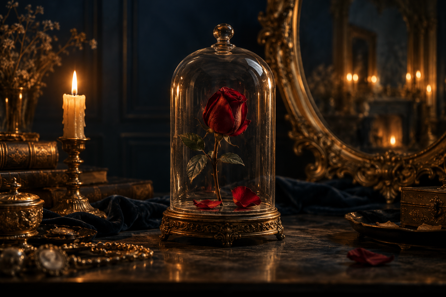 A half-opened red rose sealed under a glass cloche by candlelight, a gold-framed mirror behind — moving stop to breakeven too early