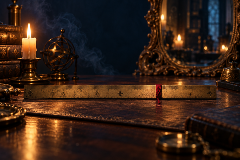 A brass ruler with a red thread tied around one marking by candlelight, a gold-framed mirror behind — prop firm challenge psychology
