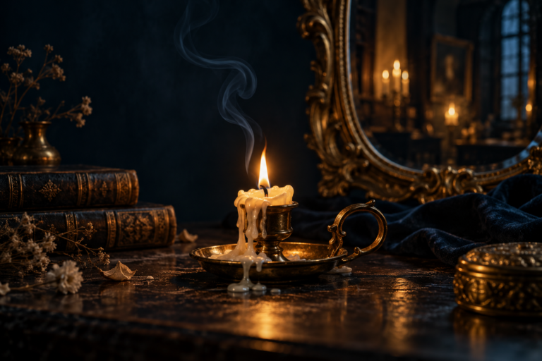 A candle burned almost to its base in a brass holder by candlelight, a gold-framed mirror behind — trading while tired